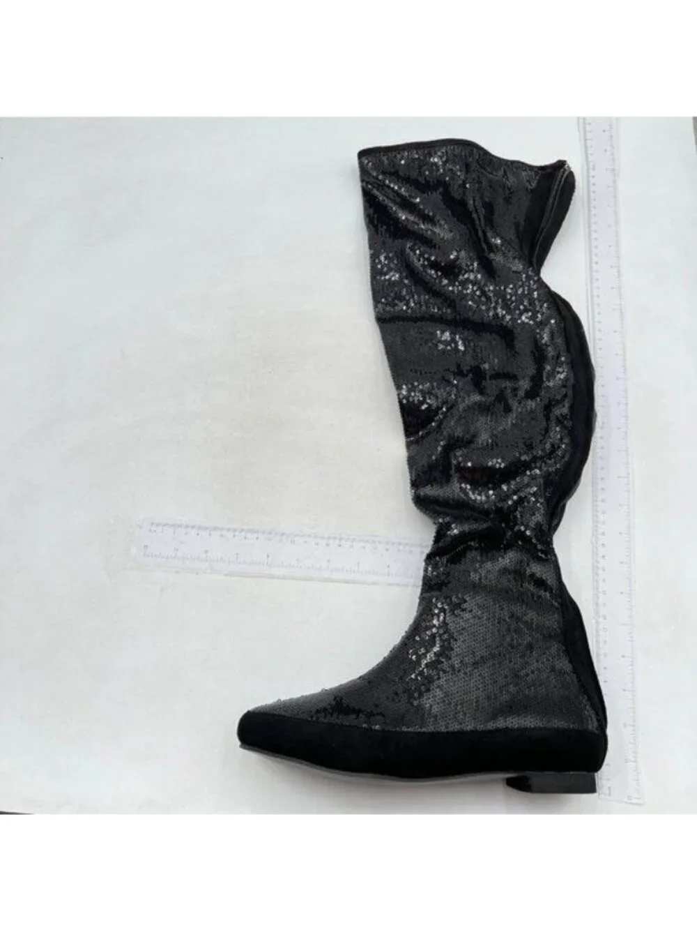 Glitter Sparkly Low Heel Thigh High Combat Boots Flat Over The Knee Boots Black